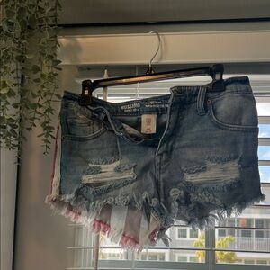 Distressed Denim Shorts with Stripe Lining